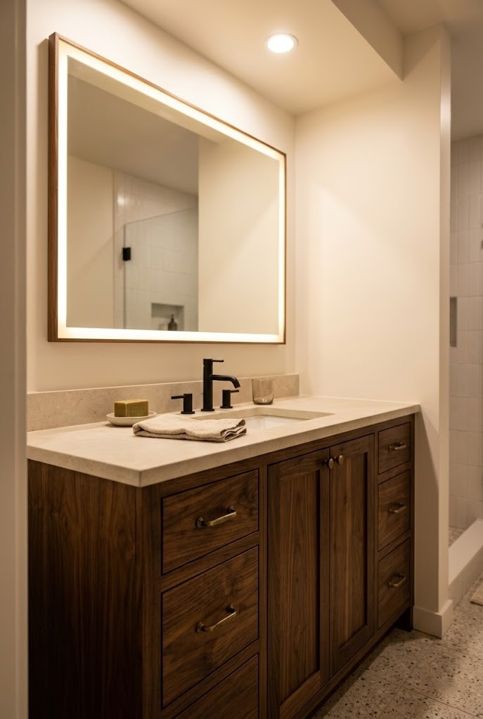 Dark walnut vanity anchoring an otherwise light small bathroom