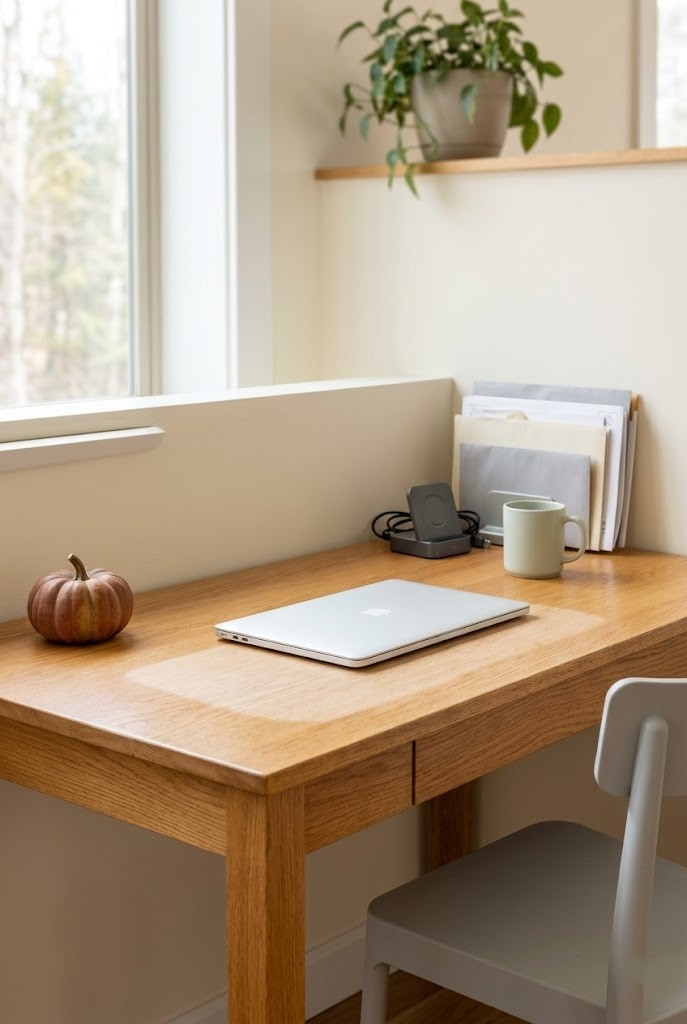 A small desk cleared of clutter with papers and extra items set aside, ready to decorate