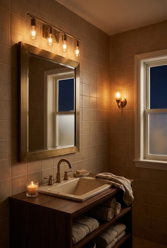 Beige tile bathroom softly lit at night by dimmed vanity light and a warm sconce