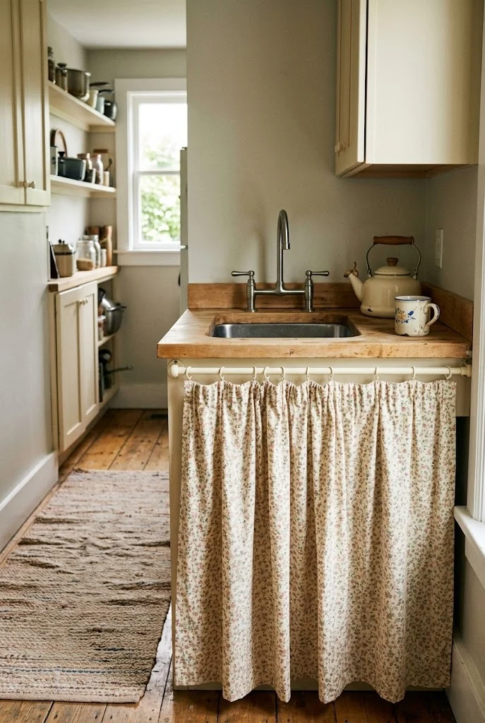 Small ditsy floral kitchen sink skirt on a tension rod in a narrow galley kitchen