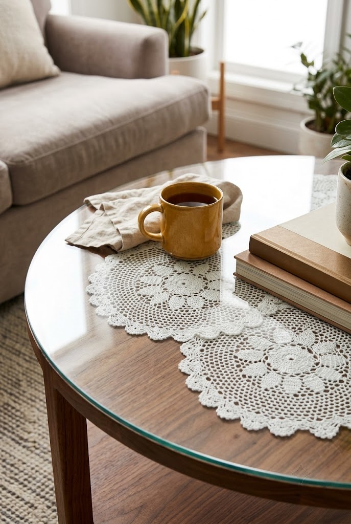Doily decor idea with overlapping doilies pressed under glass on a round walnut coffee table