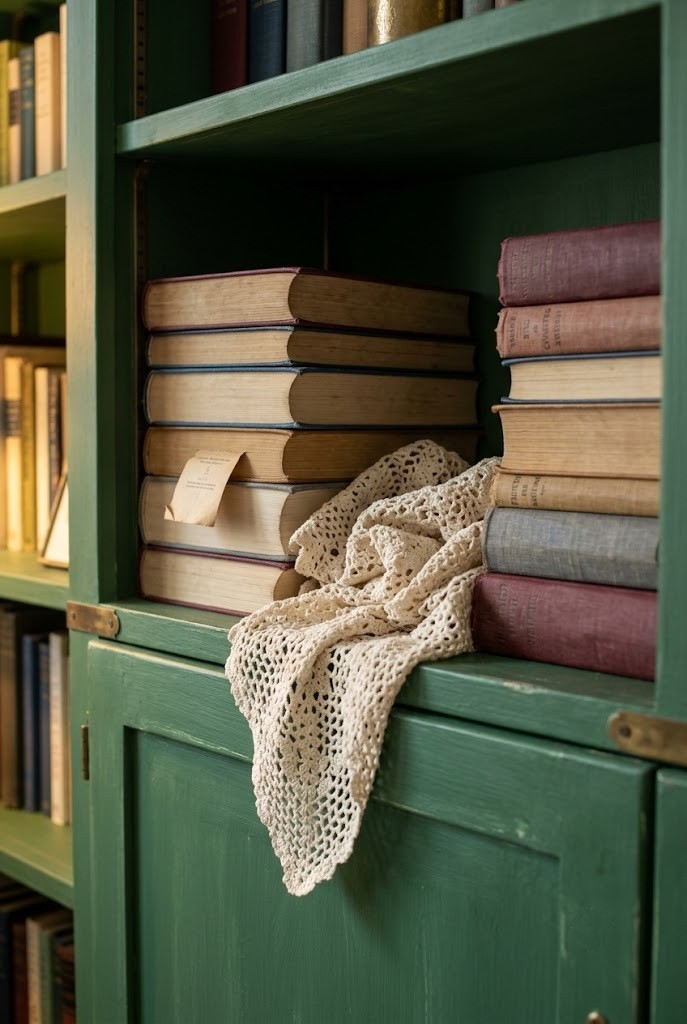 Ivory doily gathered between two book stacks on a deep green painted bookshelf