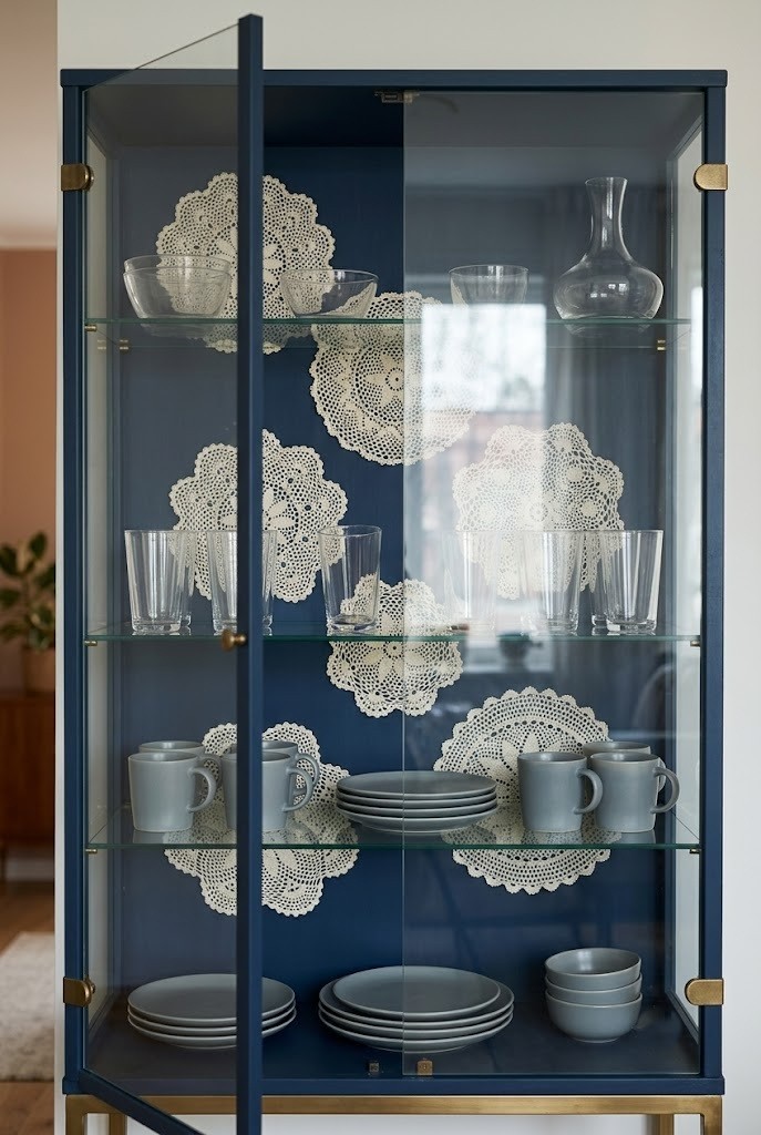 Ivory doilies on a navy cabinet back panel seen through glass doors behind clear glassware