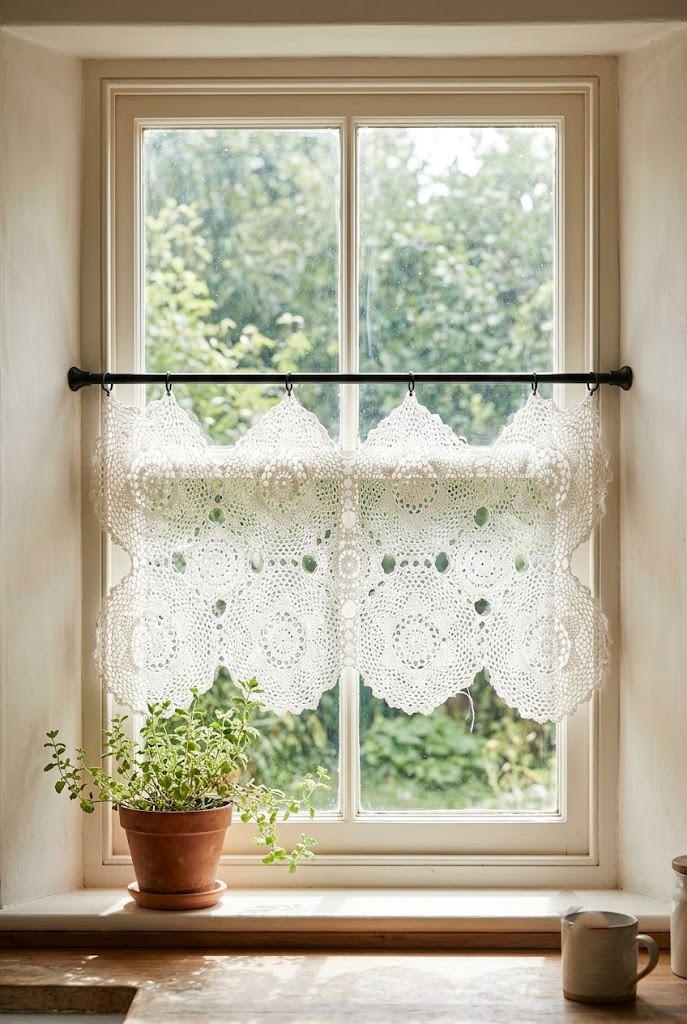 Doily decor idea using stitched doilies as a backlit cafe curtain on a kitchen window