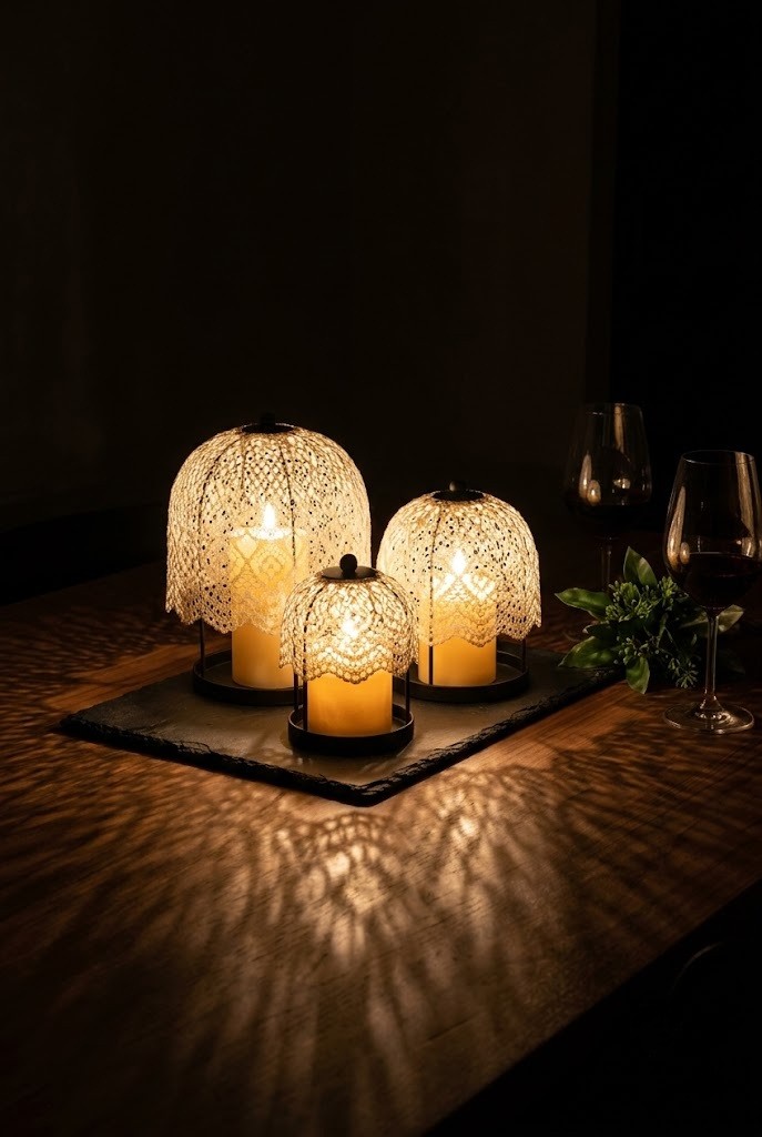 Three stiffened lace domes over LED candles on a slate tray casting shadows on dark wood