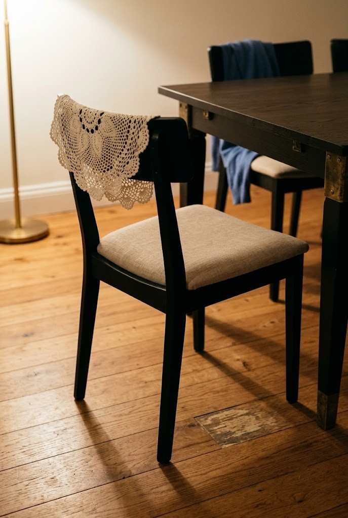 Single ivory doily draped over the top rail of a black dining chair with a linen seat