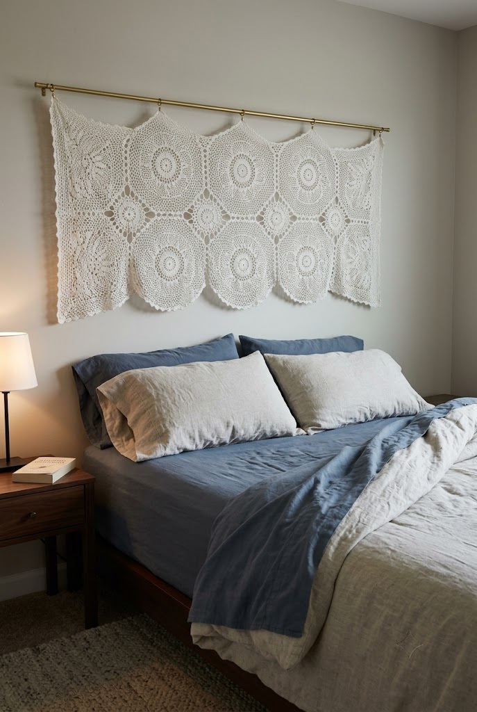 Joined white doilies hung on a brass rod above a low bed with slate blue bedding