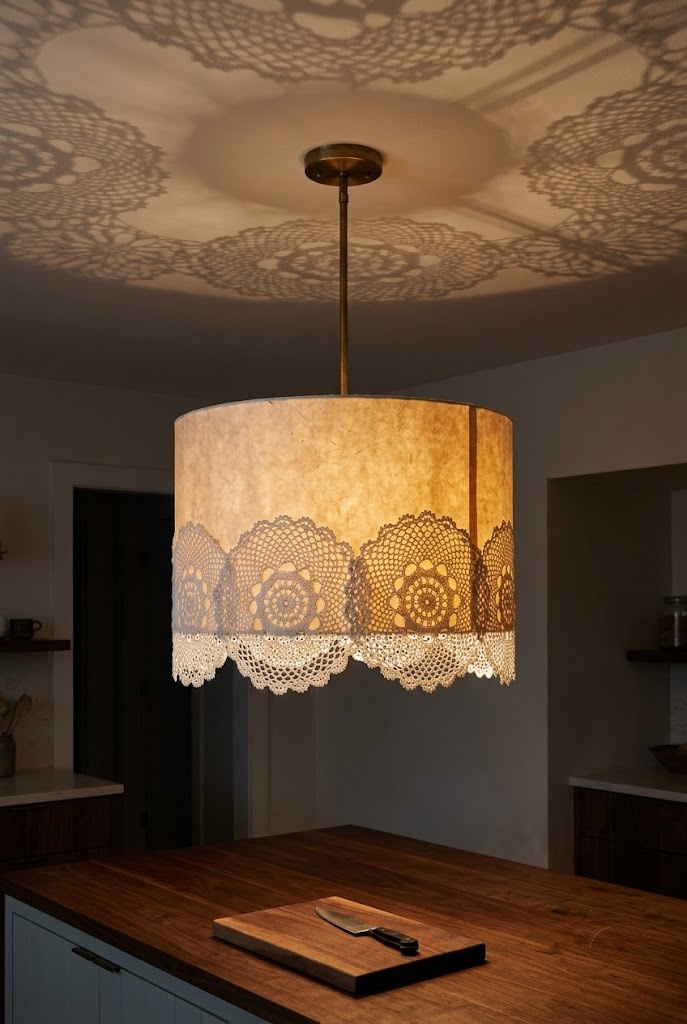 Drum pendant banded with white lace casting patterned shadows on a plaster ceiling