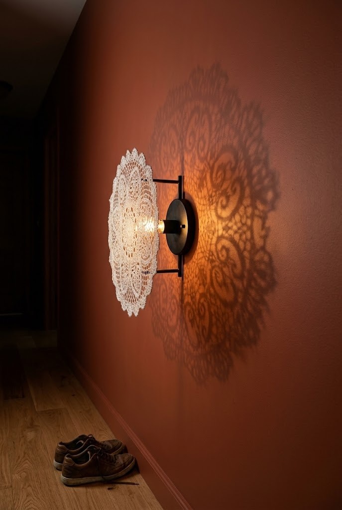 Wall light behind a mounted doily casting a large lace shadow on a terracotta hallway wall