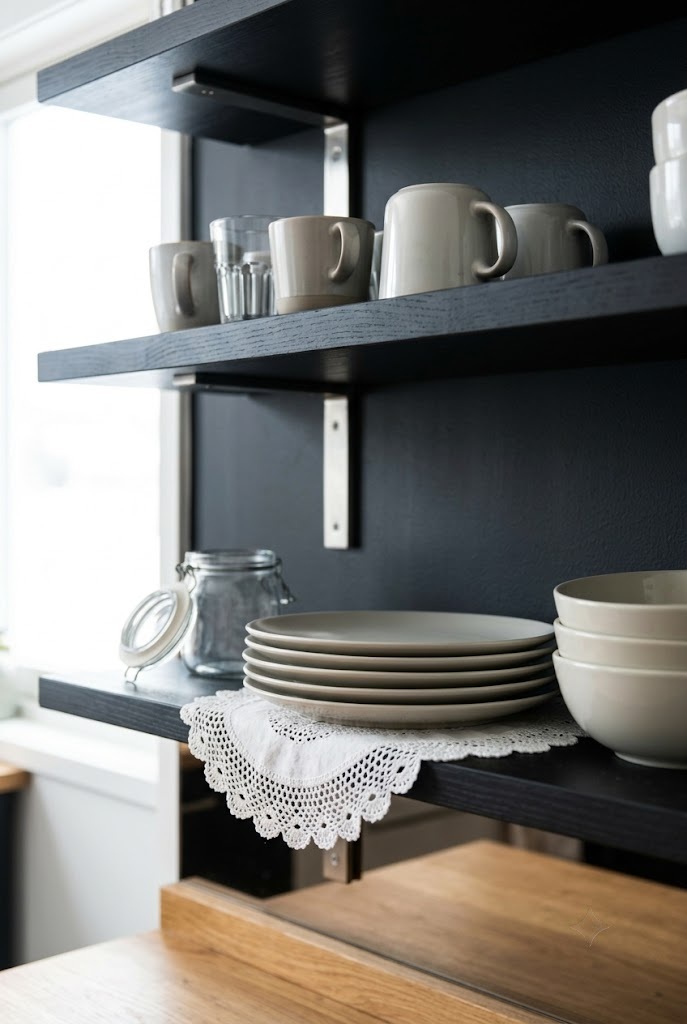 Modern doily decor idea: white lace border peeking below a black open kitchen shelf