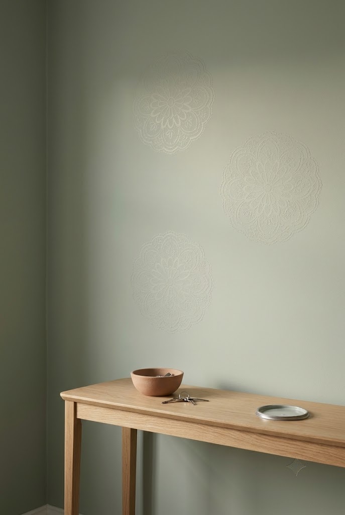 Sage wall with three faint tone-on-tone lace stencil medallions above an oak console