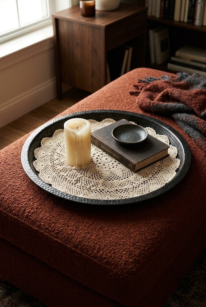 Cream doily lining a black metal tray with a candle and book on a rust ottoman