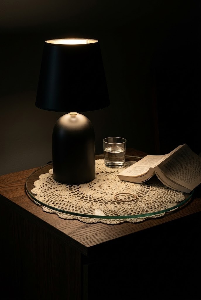 Modern doily decor idea: ivory doily under a glass round on a dark nightstand