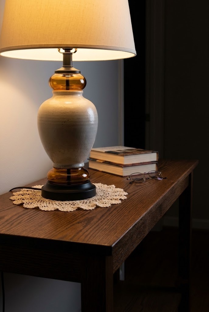 Small white doily under a black ceramic lamp base on a dark wood console table