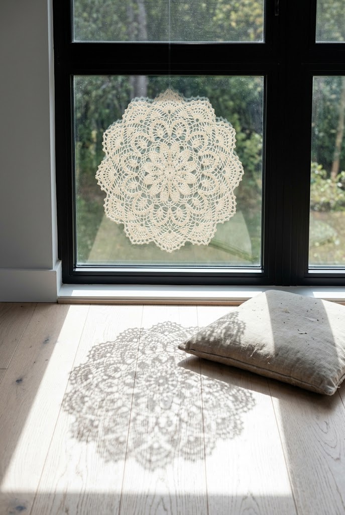 Ivory doily hung in a black window frame casting a lace shadow on a pale oak floor