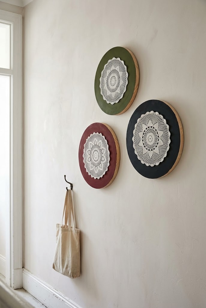 White doilies mounted on olive, oxblood and black wood rounds hung in a triangle on plaster