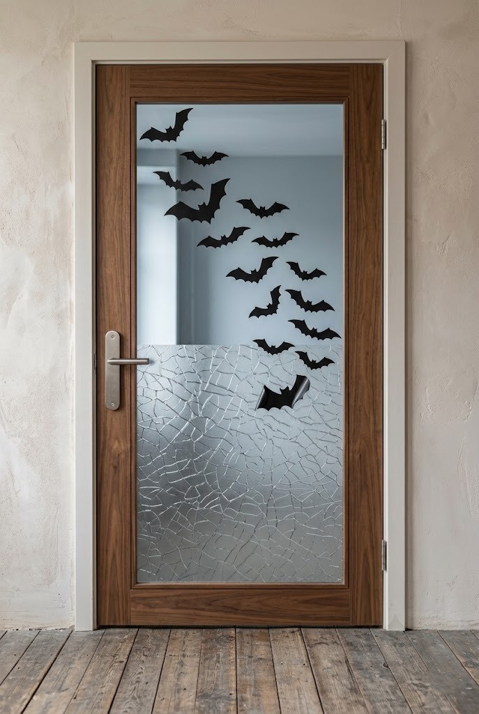 Static-cling black bats and frosted film on an apartment door glass panel, no-adhesive Halloween decor