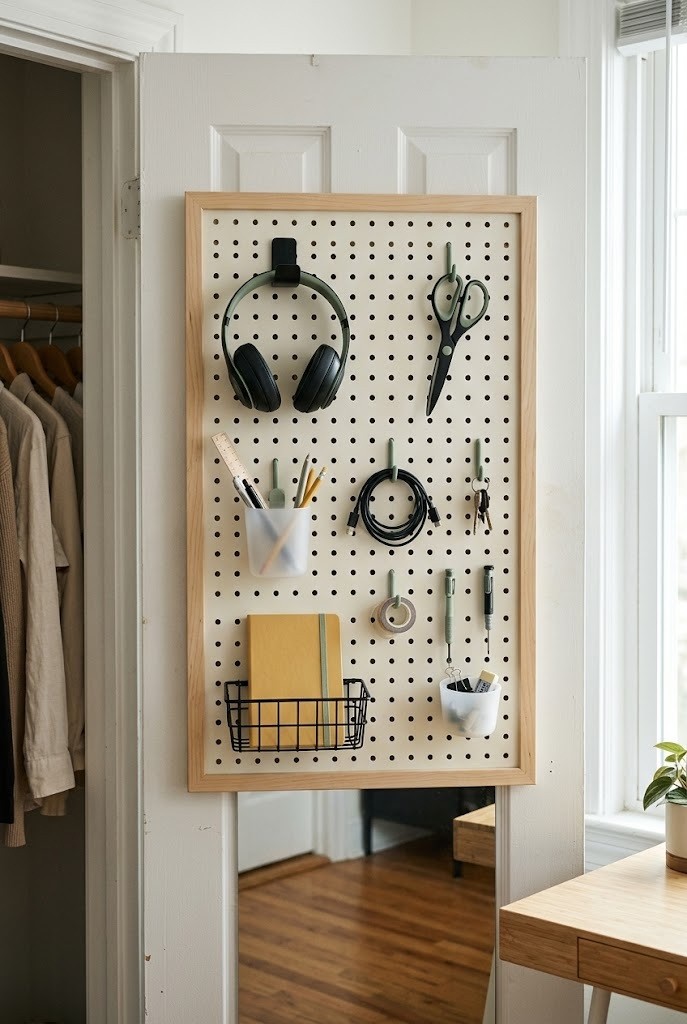 Pegboard on the inside of a closet door for a small workspace
