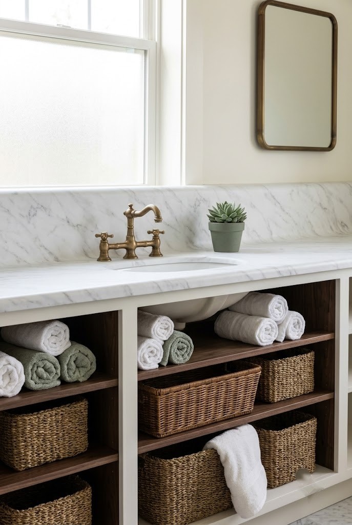 Open bathroom vanity with doors removed and woven baskets used for storage