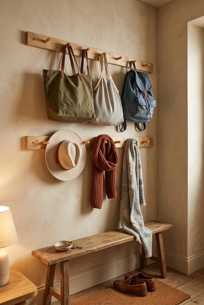 Double peg rail zoned by item type with bags above and scarves below