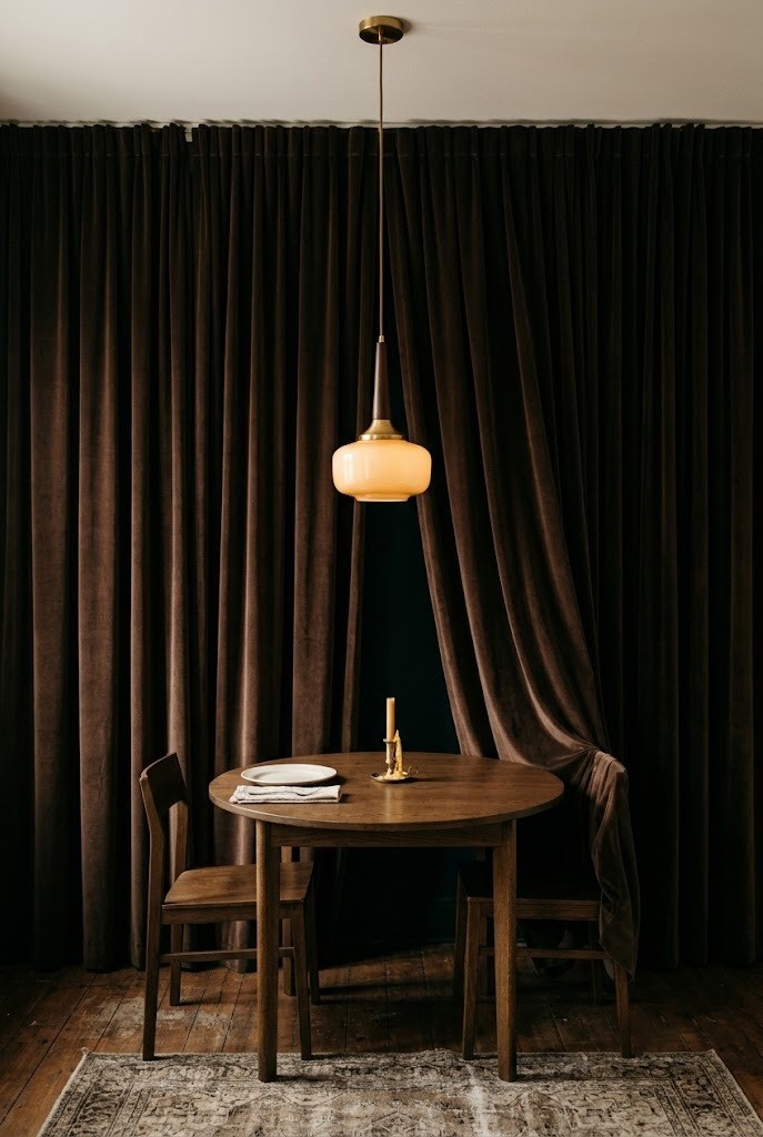 Velvet drapery hung across a windowless dining nook wall in an apartment