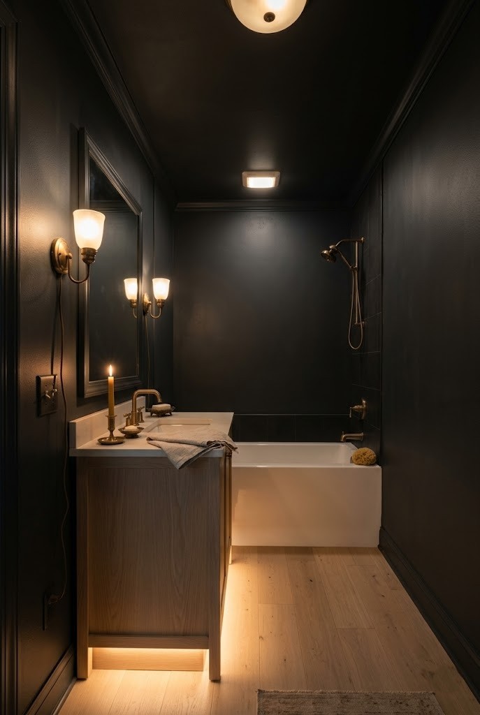 Drenched moody small bathroom lit by three warm layered light sources