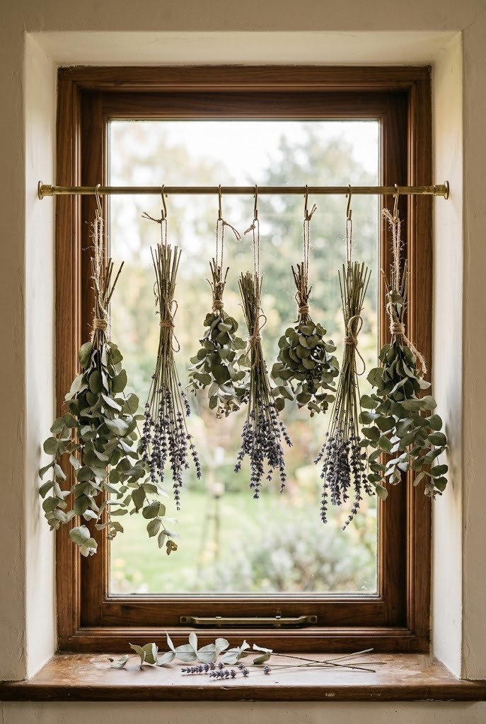 Dried eucalyptus and lavender bunches hung to dry at a cottage kitchen window