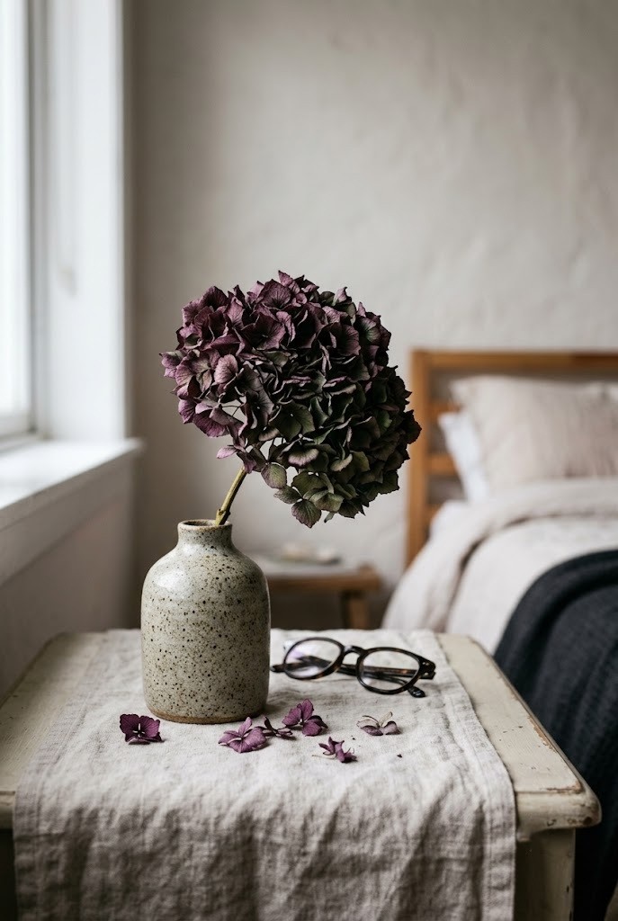 Aubergine dried hydrangea head in a speckled stoneware bud vase on a linen nightstand