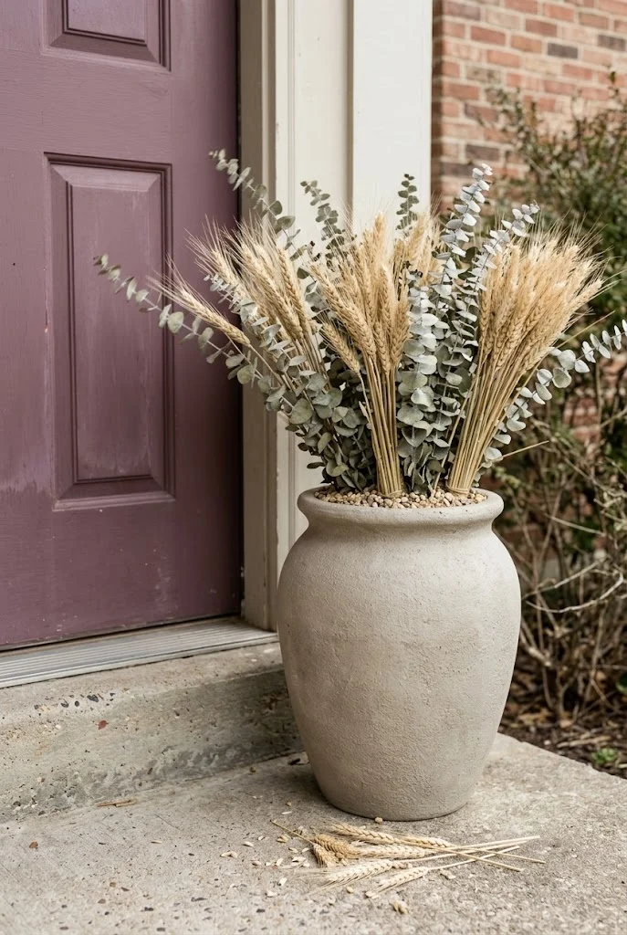 Urn of dried wheat and preserved eucalyptus stems beside a front door on a stoop