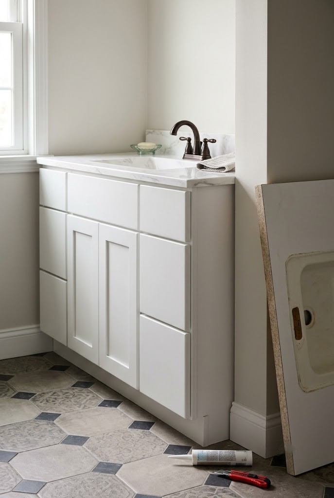 Cultured marble drop-in countertop replacing the original top on a rental vanity