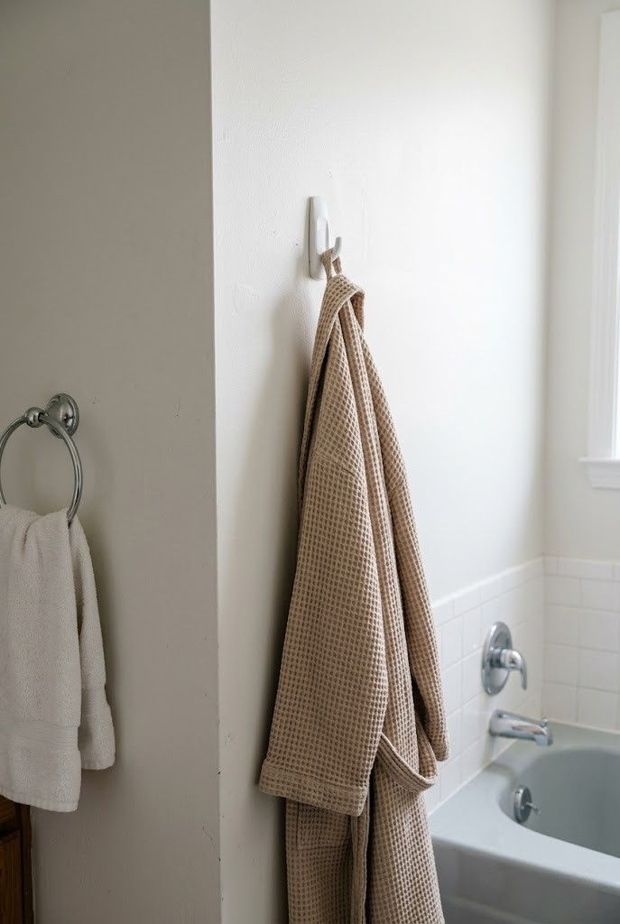 Removable adhesive hook placed in the dry zone of a rental bathroom