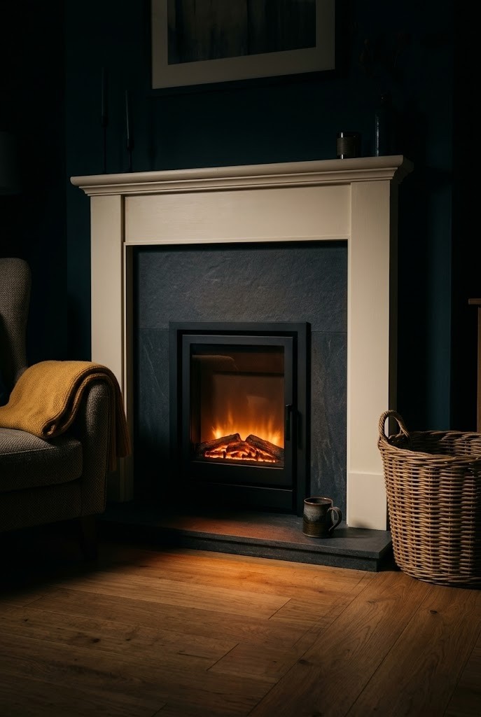 Electric fireplace insert glowing low amber as the anchor light in a dark living room