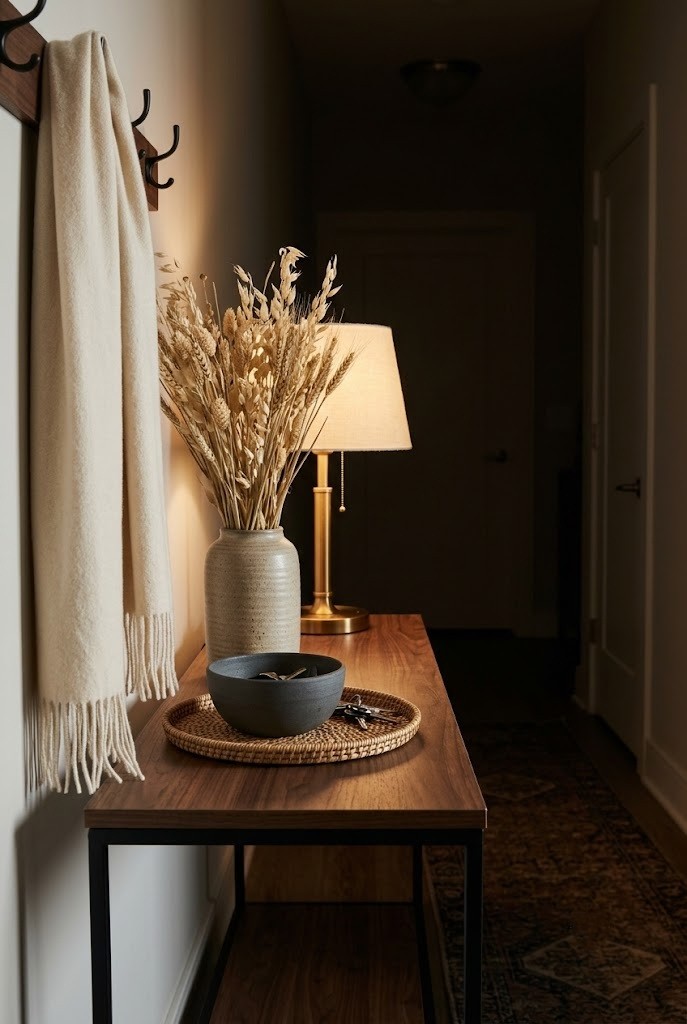 Entry console with stoneware key bowl and dried grasses in an apartment hallway