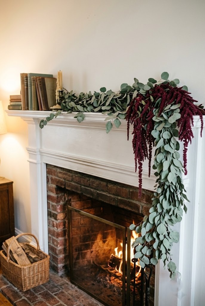 Eucalyptus mantel garland with burgundy amaranth trailing at one end, no orange fall decor