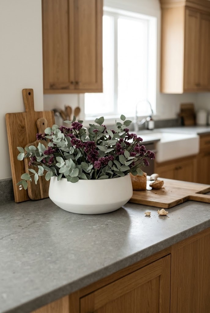 Low bowl of preserved eucalyptus and plum statice on a kitchen island counter
