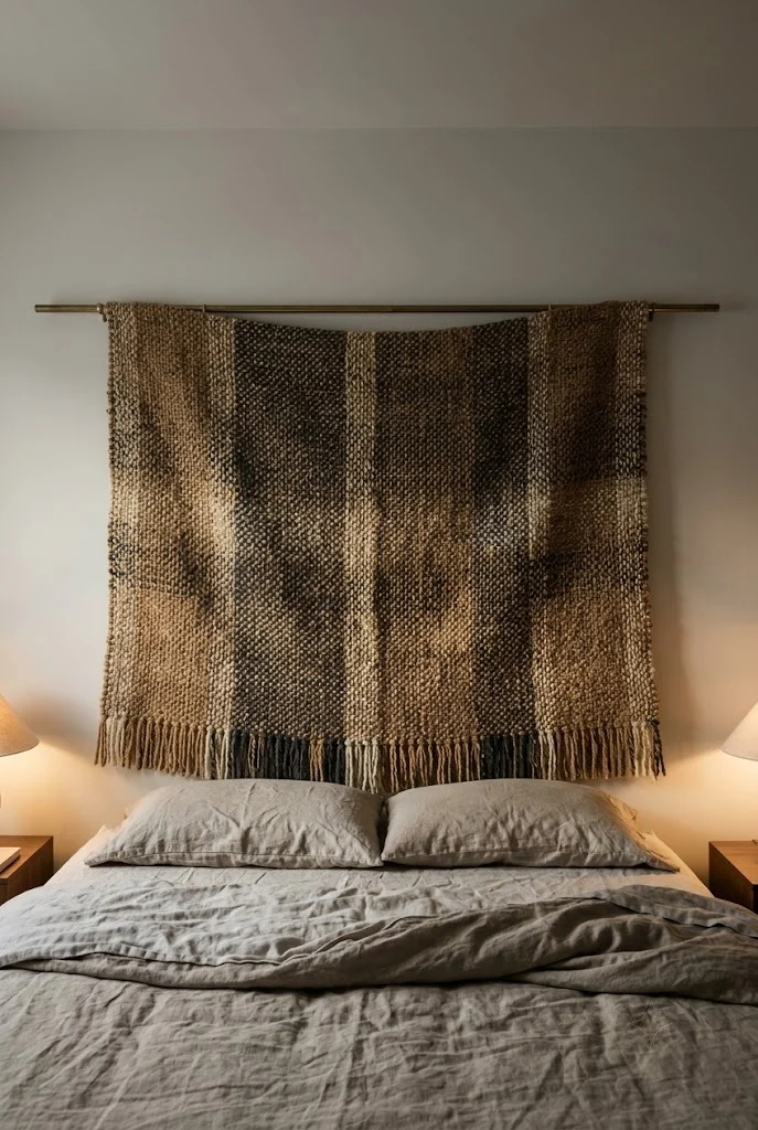 Woven wool panel hung on a rod above a bed as a no-drill headboard