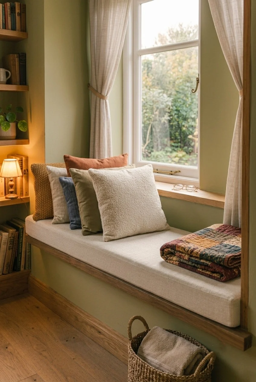 Window seat pillows with existing inserts dressed in new rust and cream fall covers
