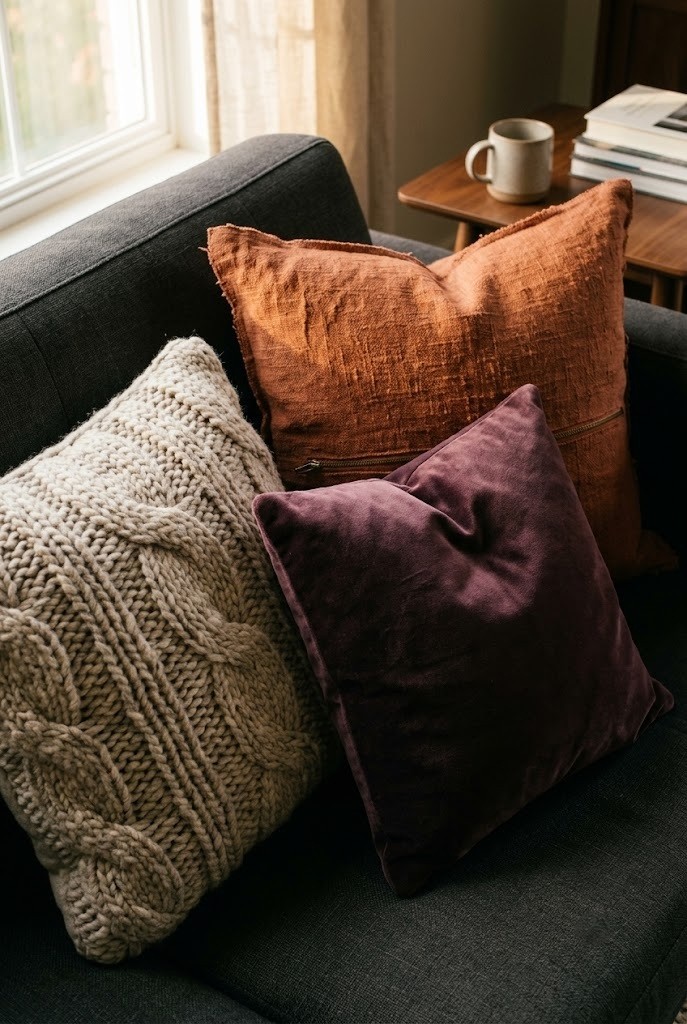 Three fall cushion covers in knit, velvet and linen on a dark sofa corner