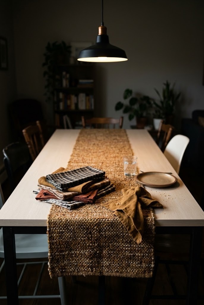 Woven fall table runner and cloth napkins on a rental dining table