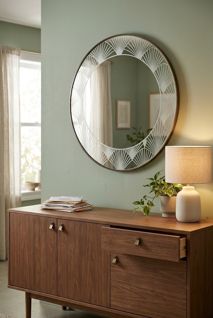Fan-etched round mirror hung above a walnut sideboard on a sage green wall