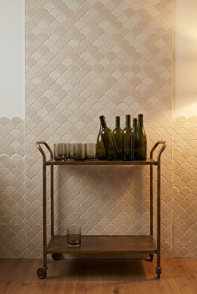 Bar cart in front of a matte fan-pattern peel-and-stick tile wall panel