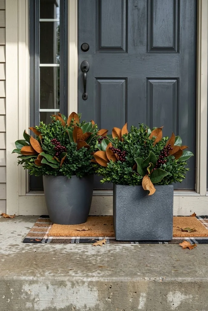 Small front porch fall decor using faux boxwood and magnolia in shade