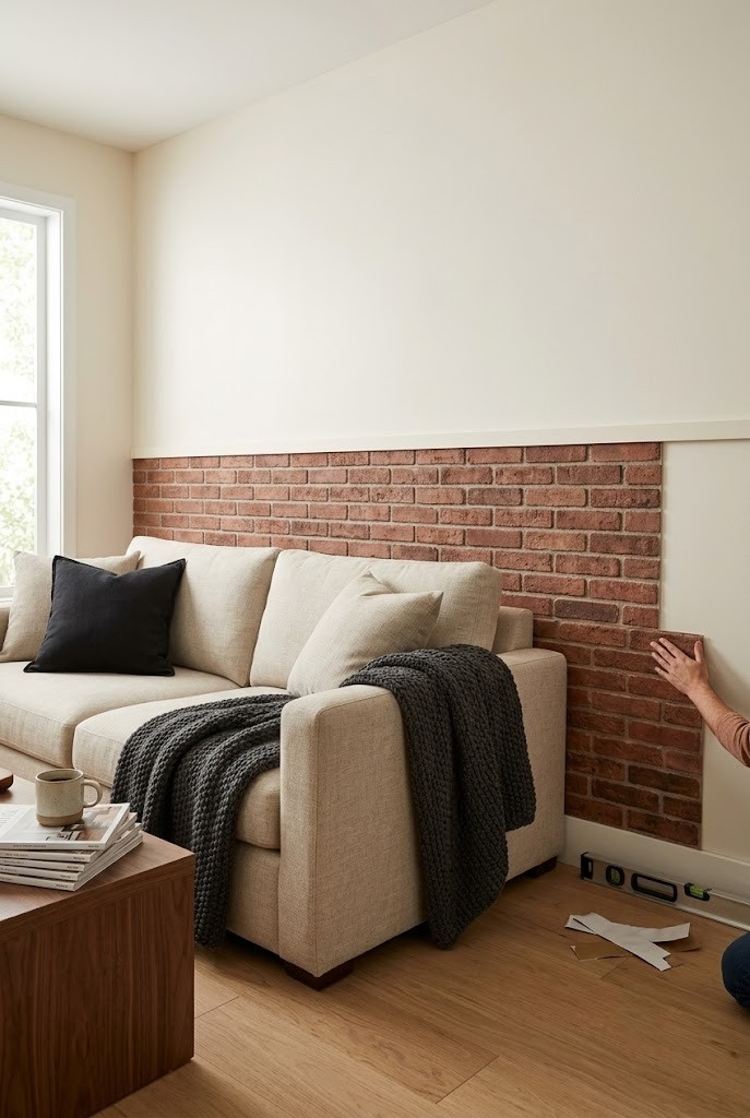Low band of warm faux-brick peel-and-stick panels along a living room wall behind a sofa