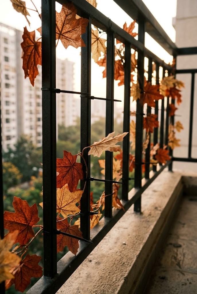 Faux maple garland zip-tied along the inner bars of a balcony railing