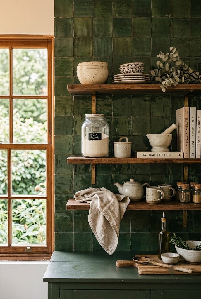 Forest-green faux zellige peel-and-stick backsplash tile in a moody rental kitchen