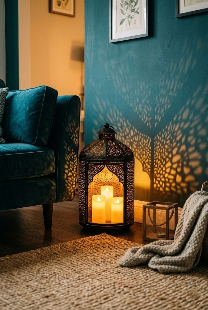 Flameless LED candles in a punched-metal lantern casting warm patterned shadows on a dark wall