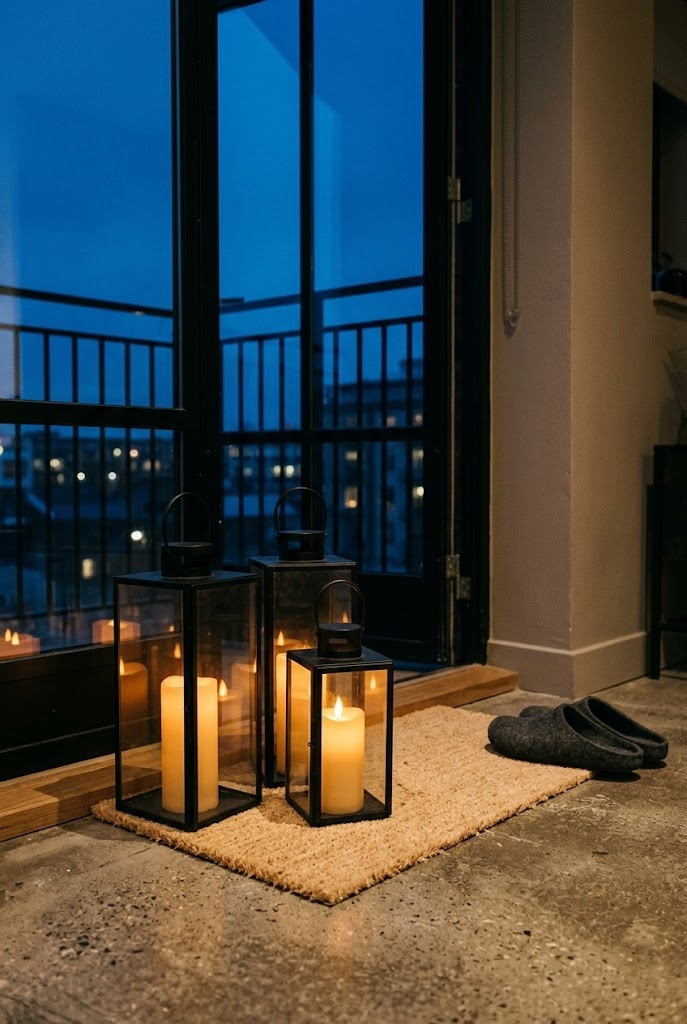 Three flameless pillar lanterns glowing on the floor beside a balcony door at dusk