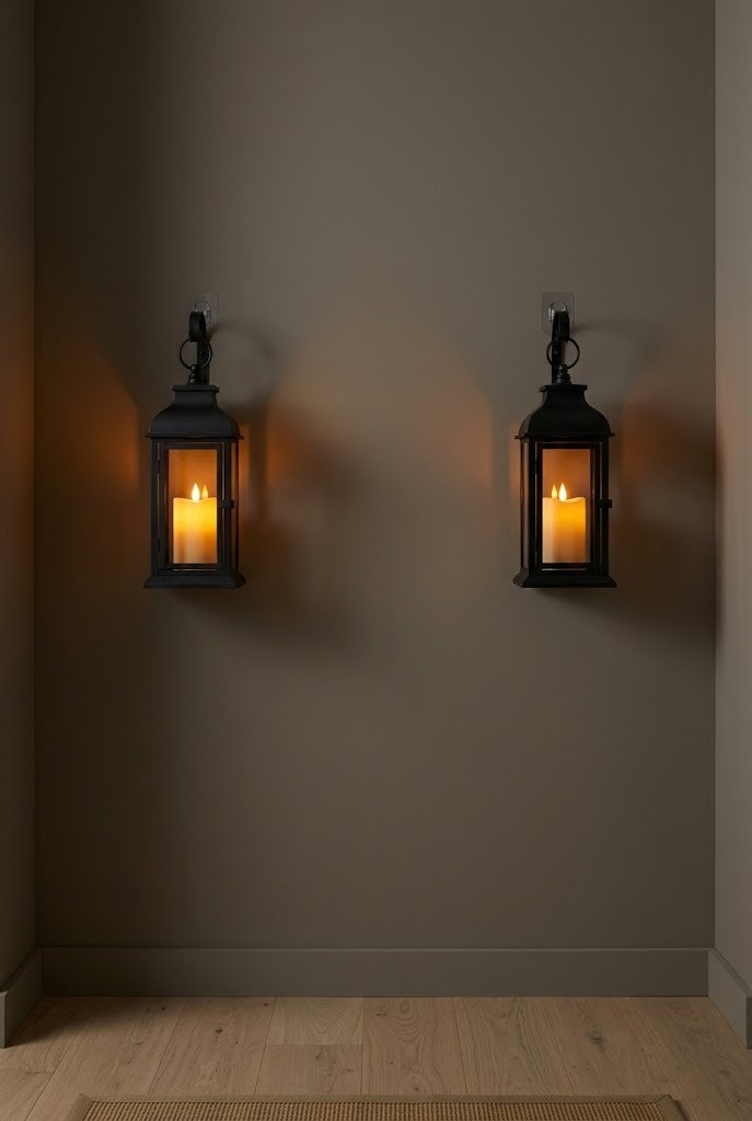 Flameless lantern sconces on adhesive hooks flanking an apartment entryway wall for renter-safe Halloween