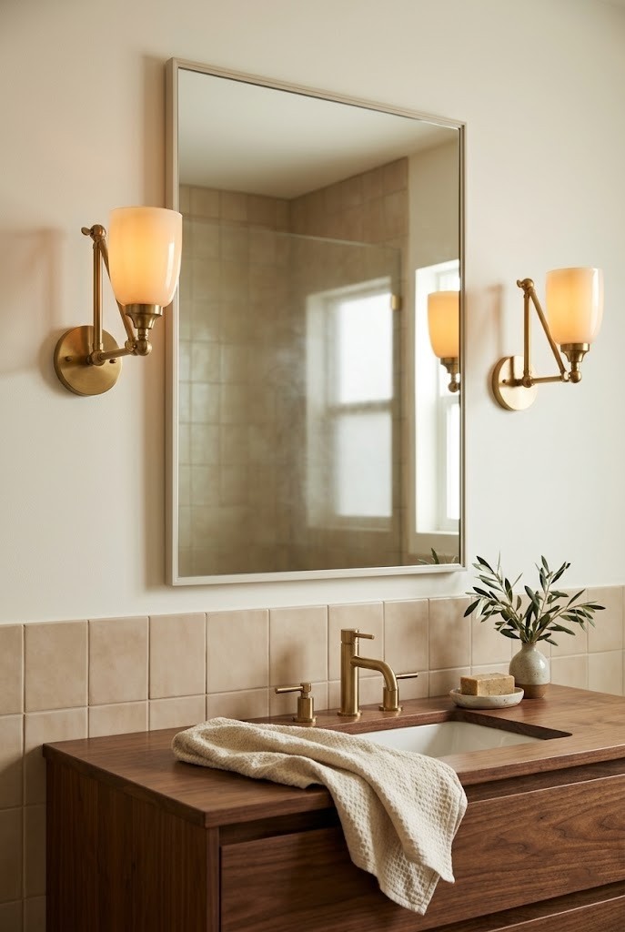 Brushed brass sconces flanking a mirror above a beige tile bathroom vanity