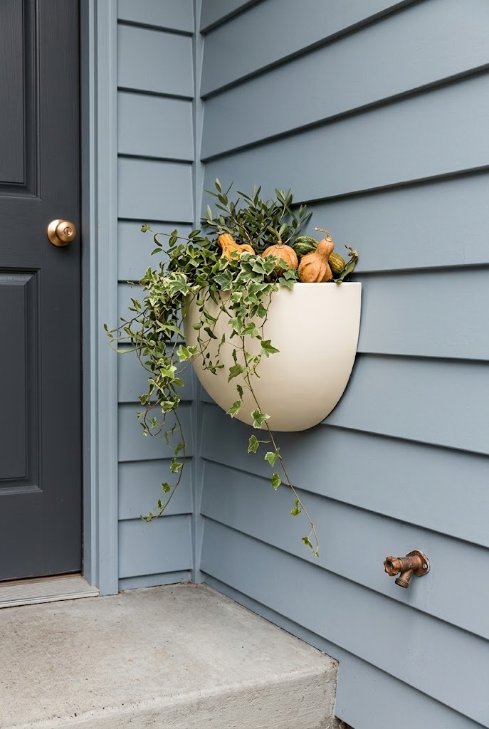 Flat-back half planter mounted tight to lap siding beside a front door